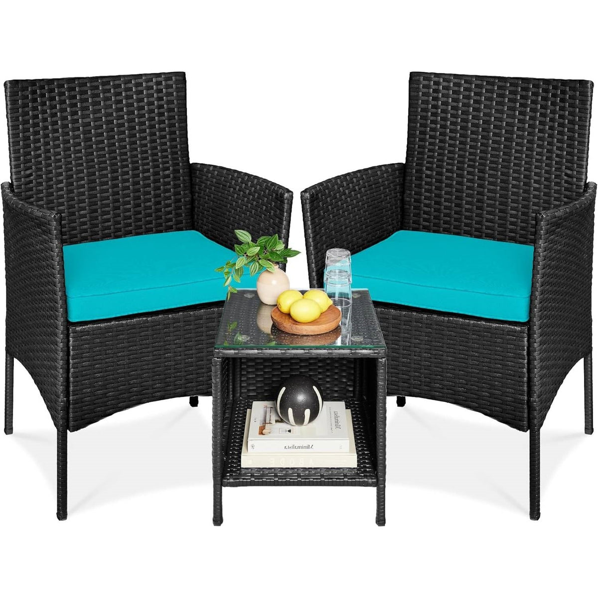 3-Piece Black Wicker Dining Patio Furniture Set w/ Teal Blue Cushions