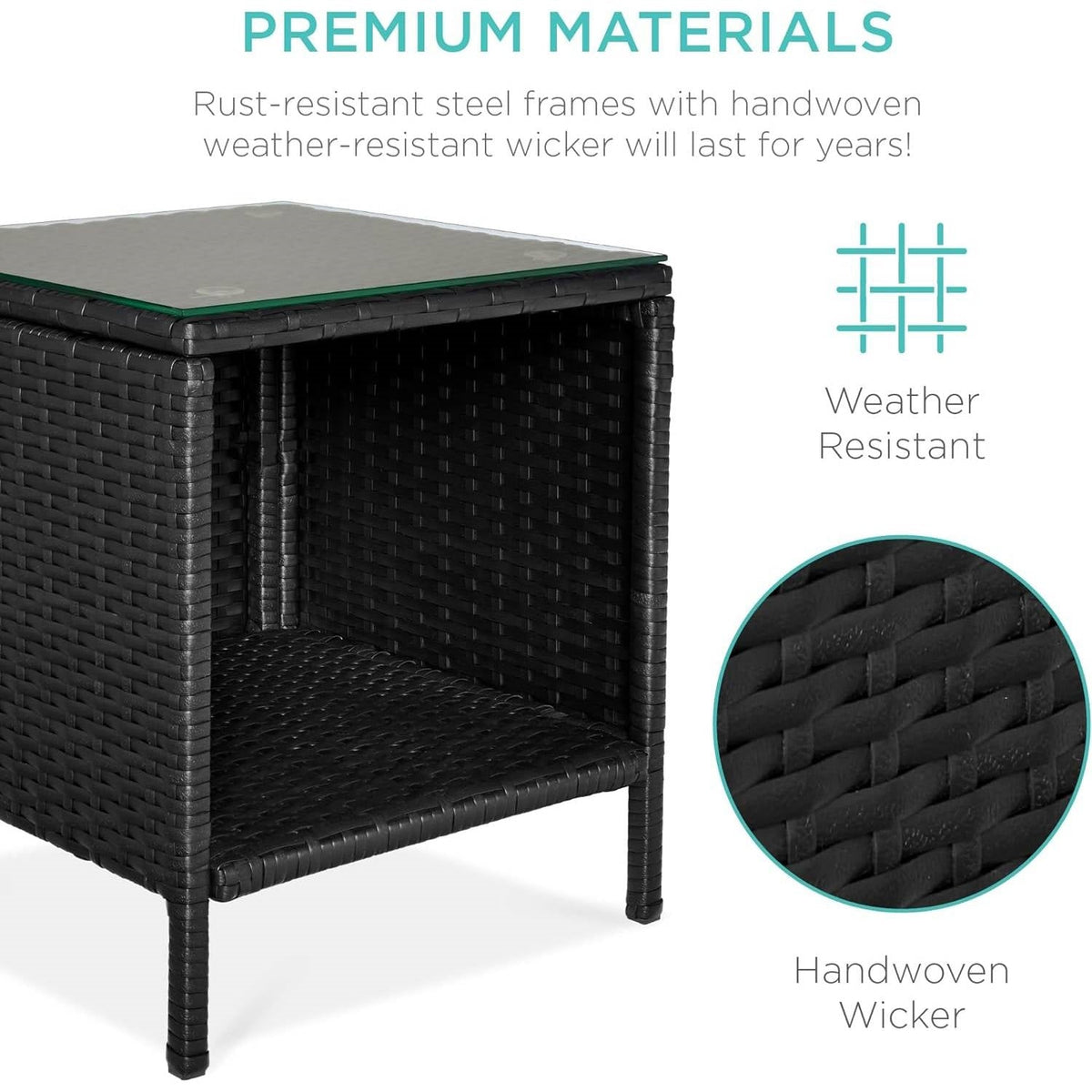 3-Piece Black Wicker Dining Patio Furniture Set w/ Teal Blue Cushions