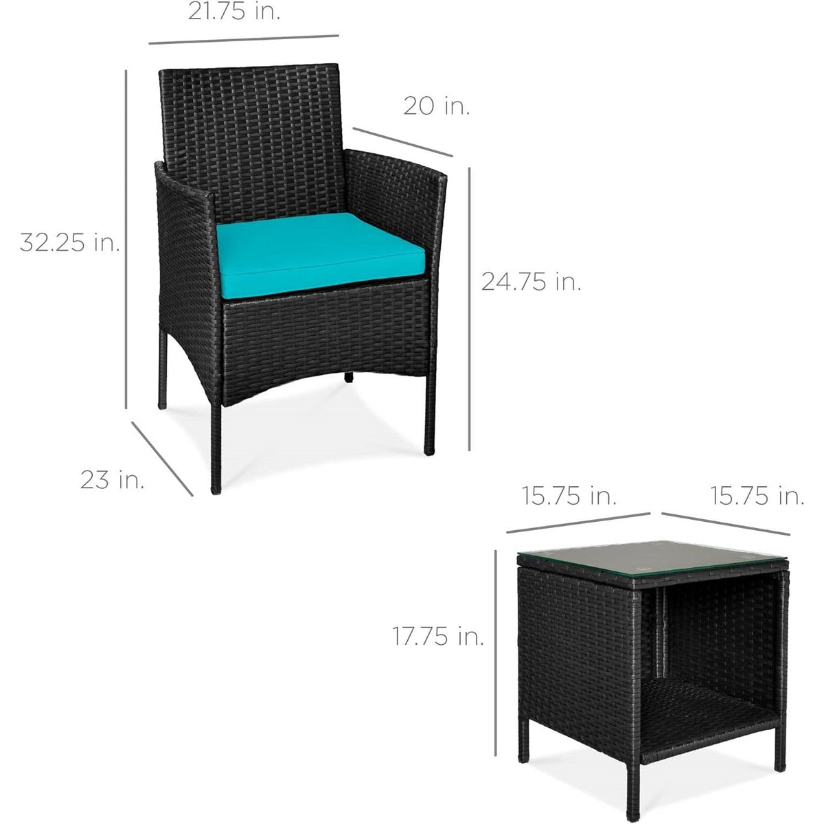 3-Piece Black Wicker Dining Patio Furniture Set w/ Teal Blue Cushions