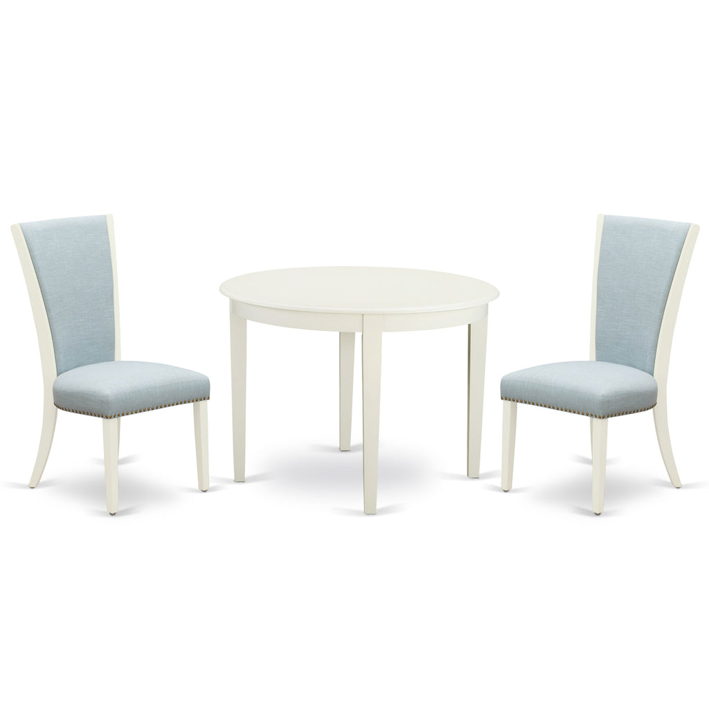 EAST WEST FURNITURE - BOVE3-WHI-15 - 3 Piece Dining Table Set - 2 Baby Blue Linen Fabric Kitchen Chairs with High Back and 1 Modern Rectangular Dining Table - linen white Finish