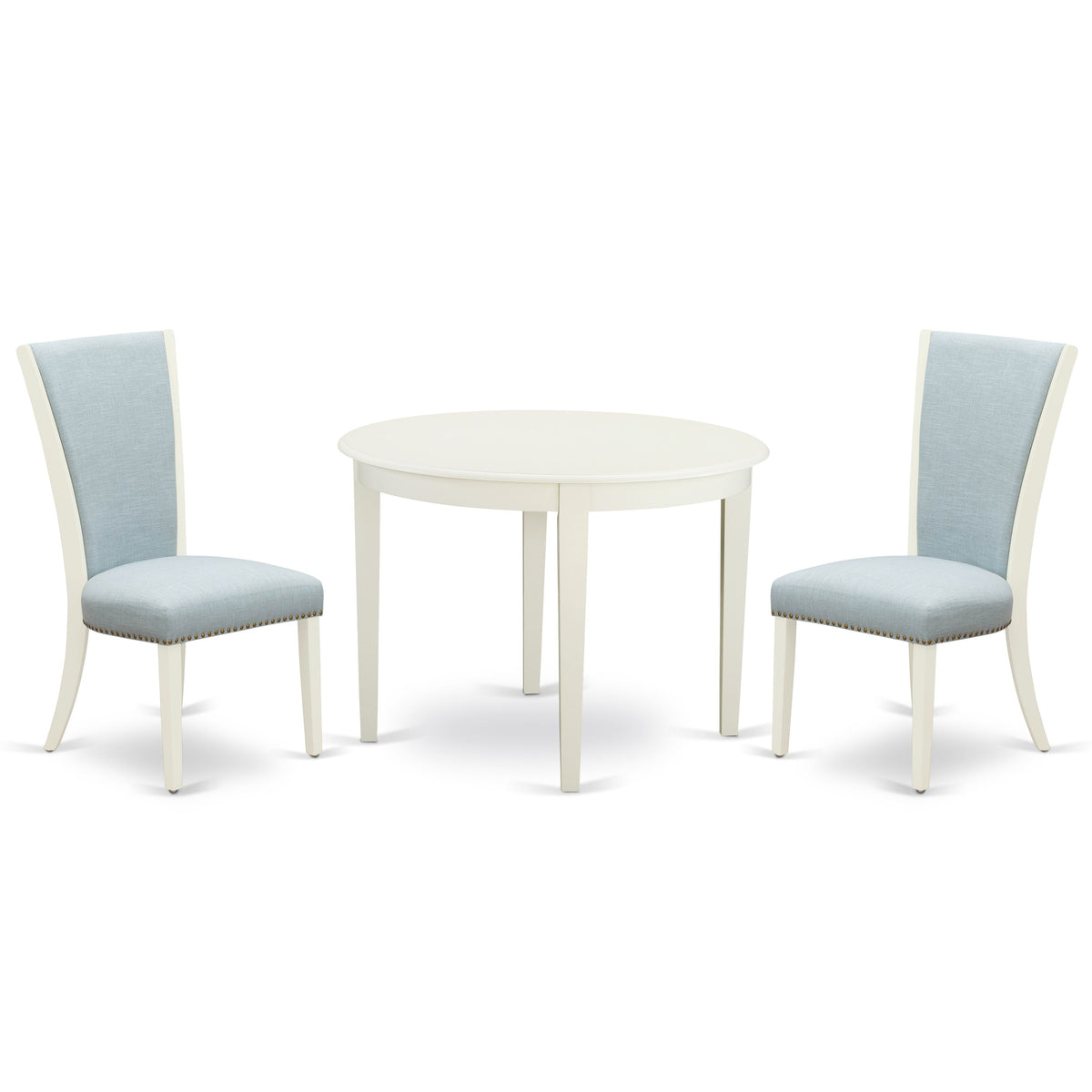 EAST WEST FURNITURE - BOVE3-WHI-15 - 3 Piece Dining Table Set - 2 Baby Blue Linen Fabric Kitchen Chairs with High Back and 1 Modern Rectangular Dining Table - linen white Finish
