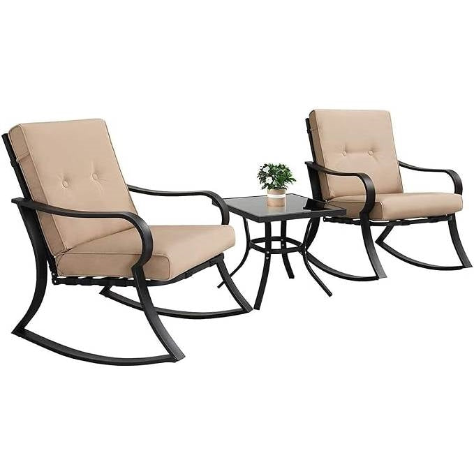 3-Piece Patio Furniture Table Rocking Chairs Set with Beige Cushions