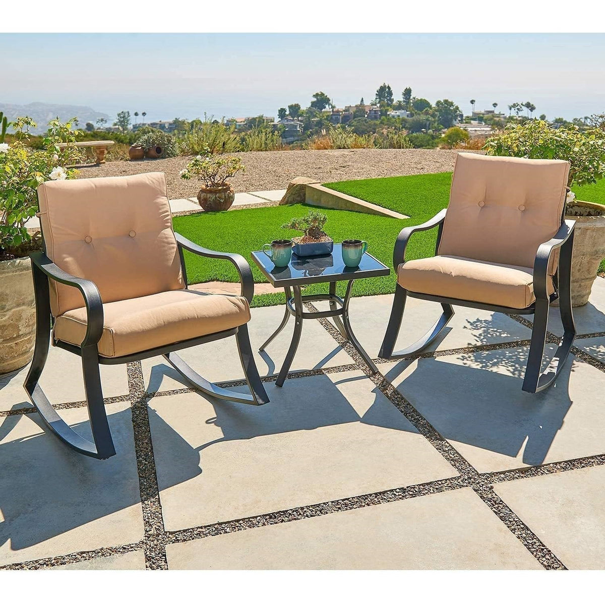 3-Piece Patio Furniture Table Rocking Chairs Set with Beige Cushions