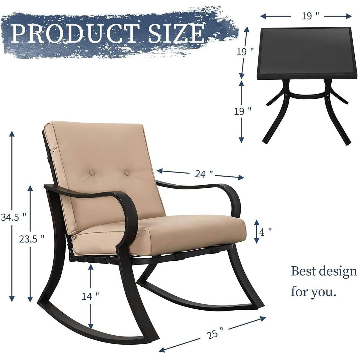 3-Piece Patio Furniture Table Rocking Chairs Set with Beige Cushions