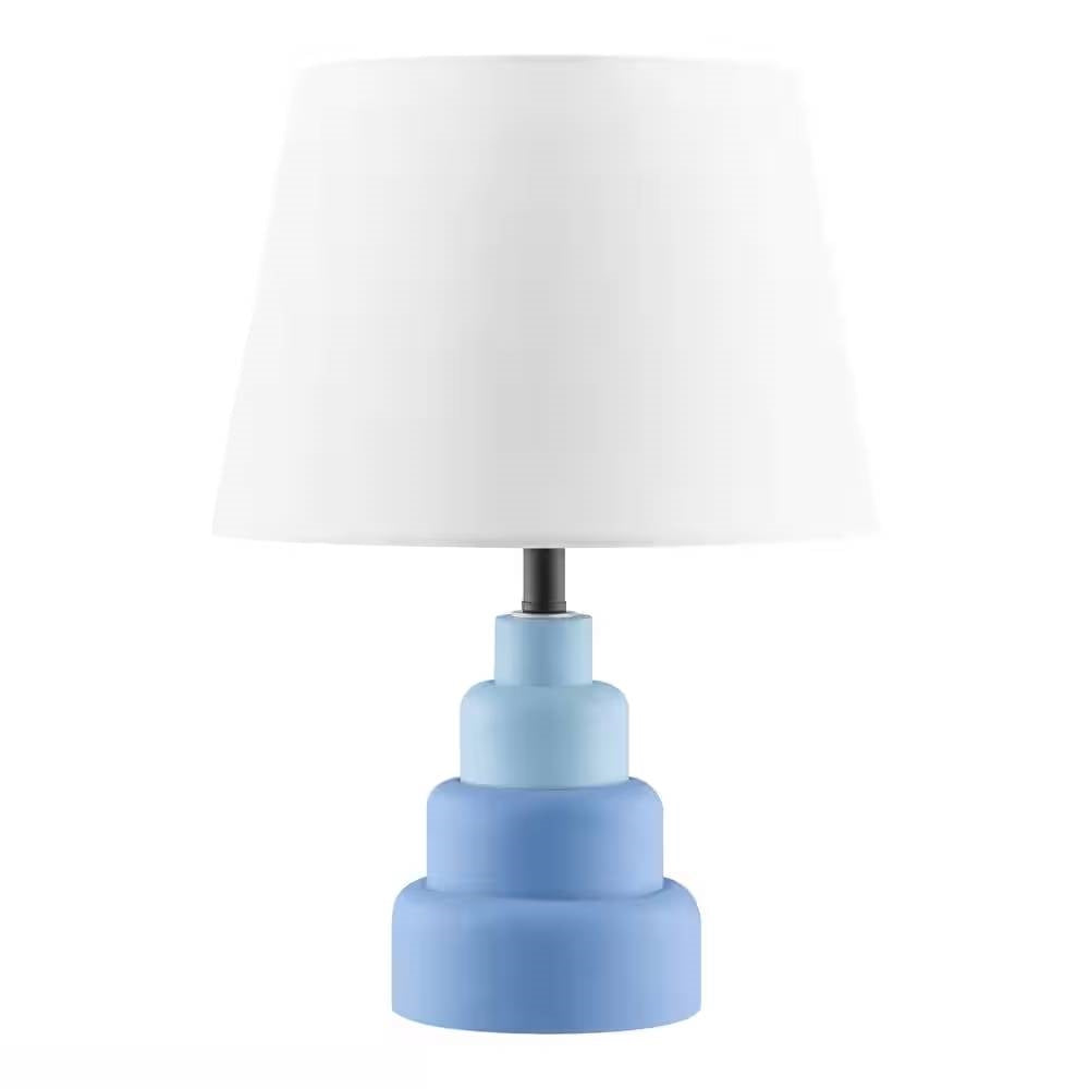 Small Blue Table Lamp with White Fabric Shade for Bedside Nightstand