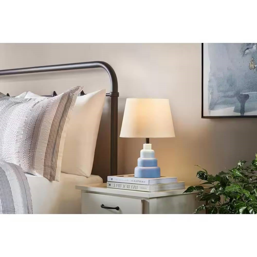 Small Blue Table Lamp with White Fabric Shade for Bedside Nightstand