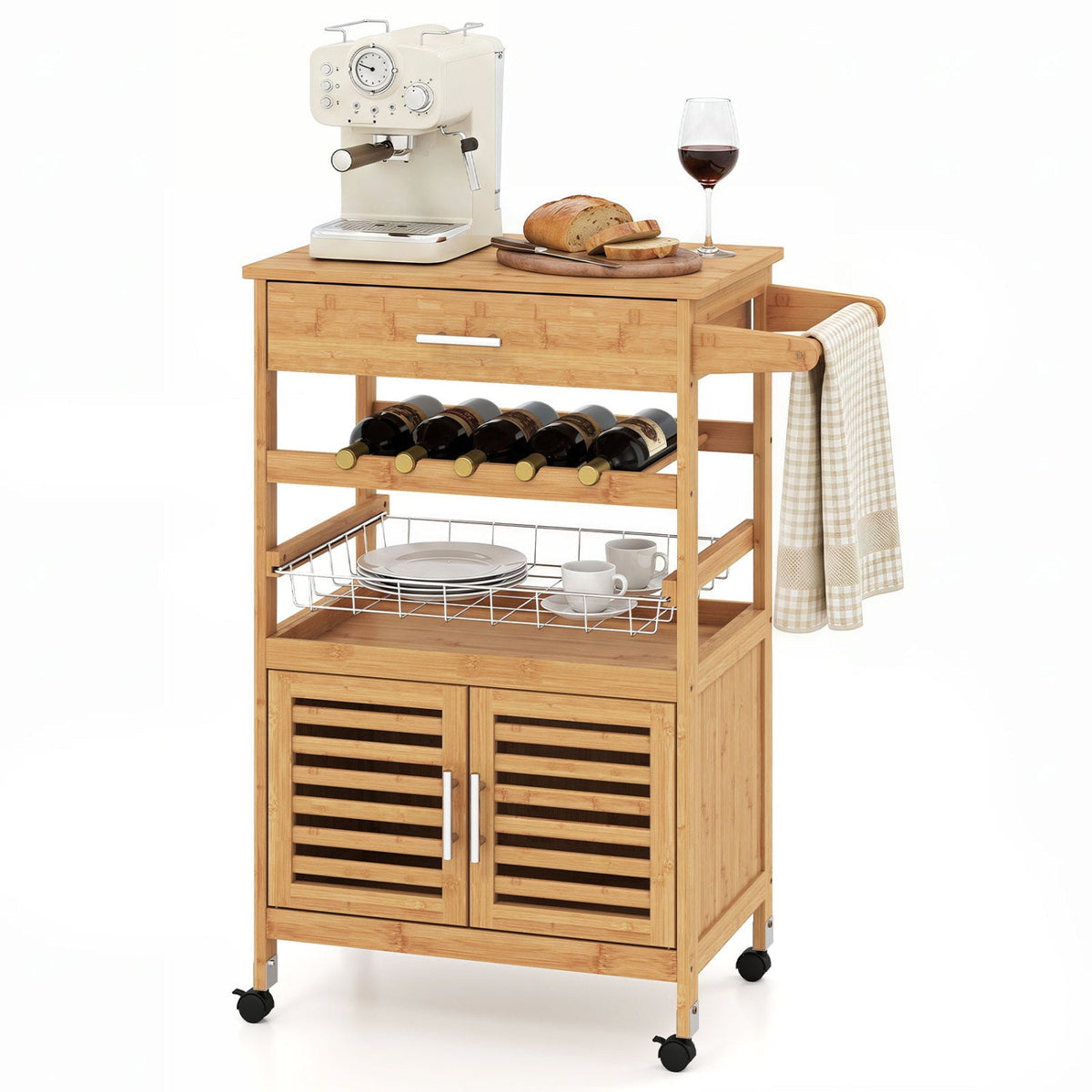 Rolling Kitchen Island Cart with Wine Rack and Storage