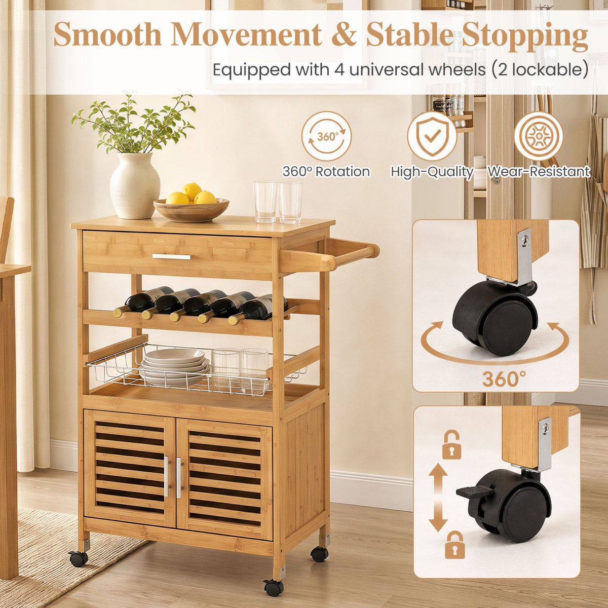 Rolling Kitchen Island Cart with Wine Rack and Storage