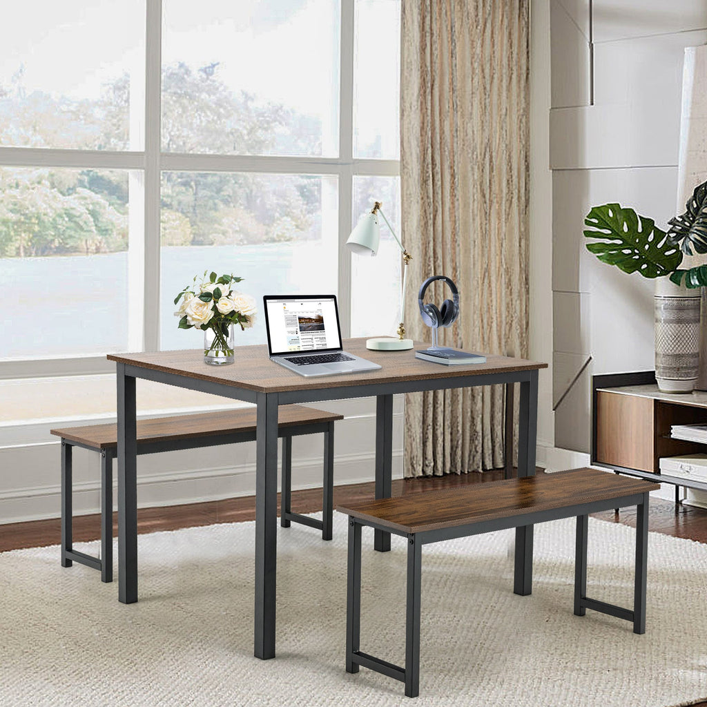 3 Pieces Dining Table Set with 2 Benches