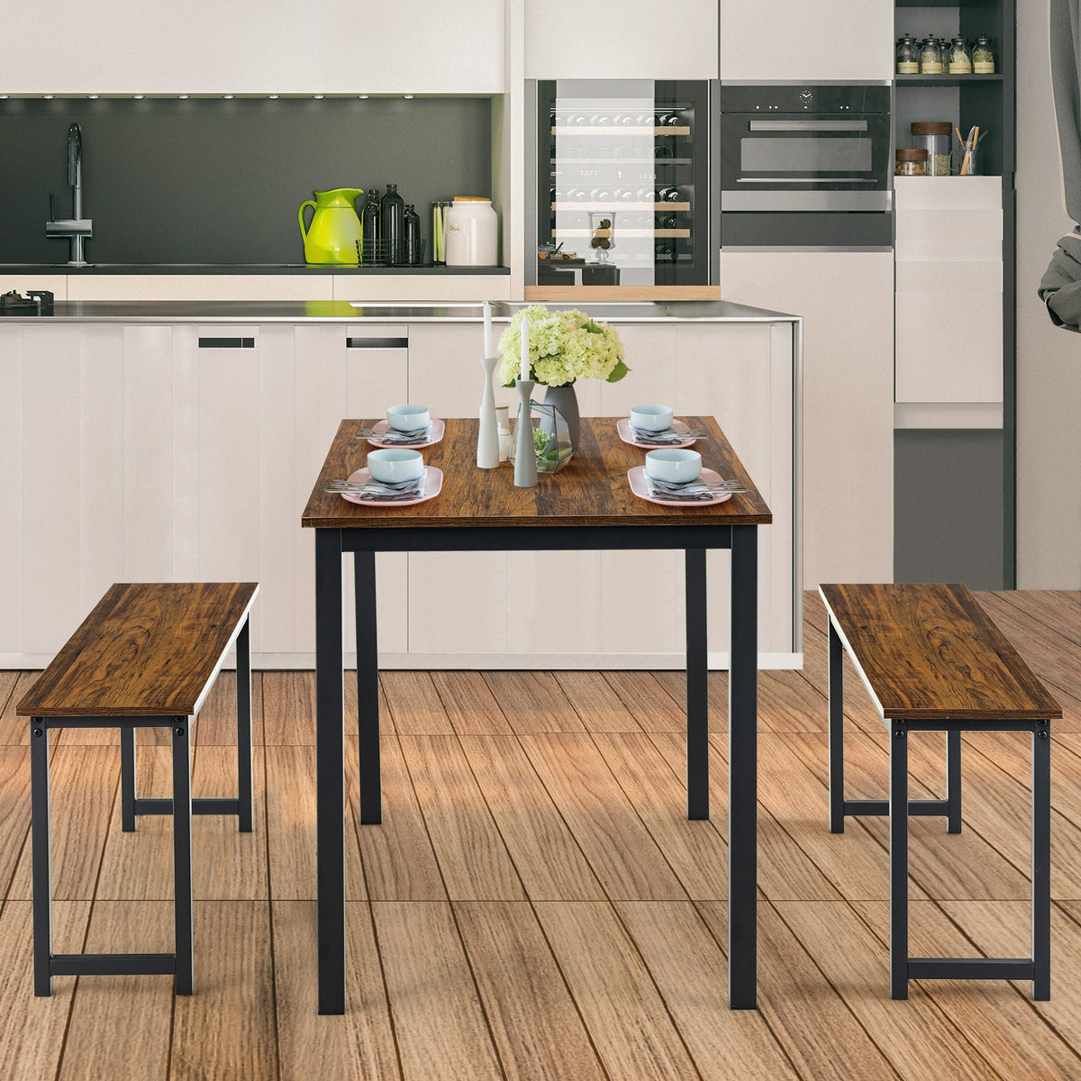 3 Pieces Dining Table Set with 2 Benches