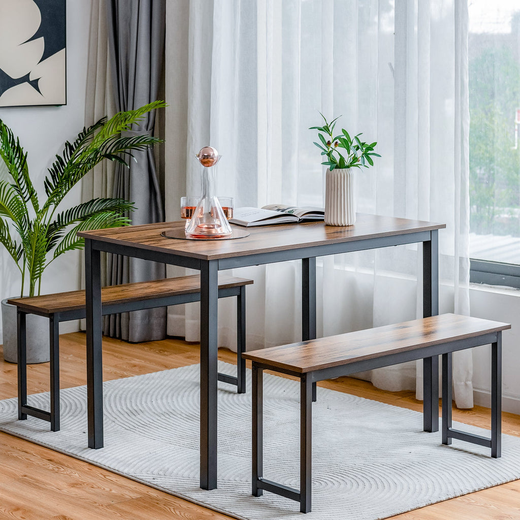 3 Pieces Dining Table Set with 2 Benches
