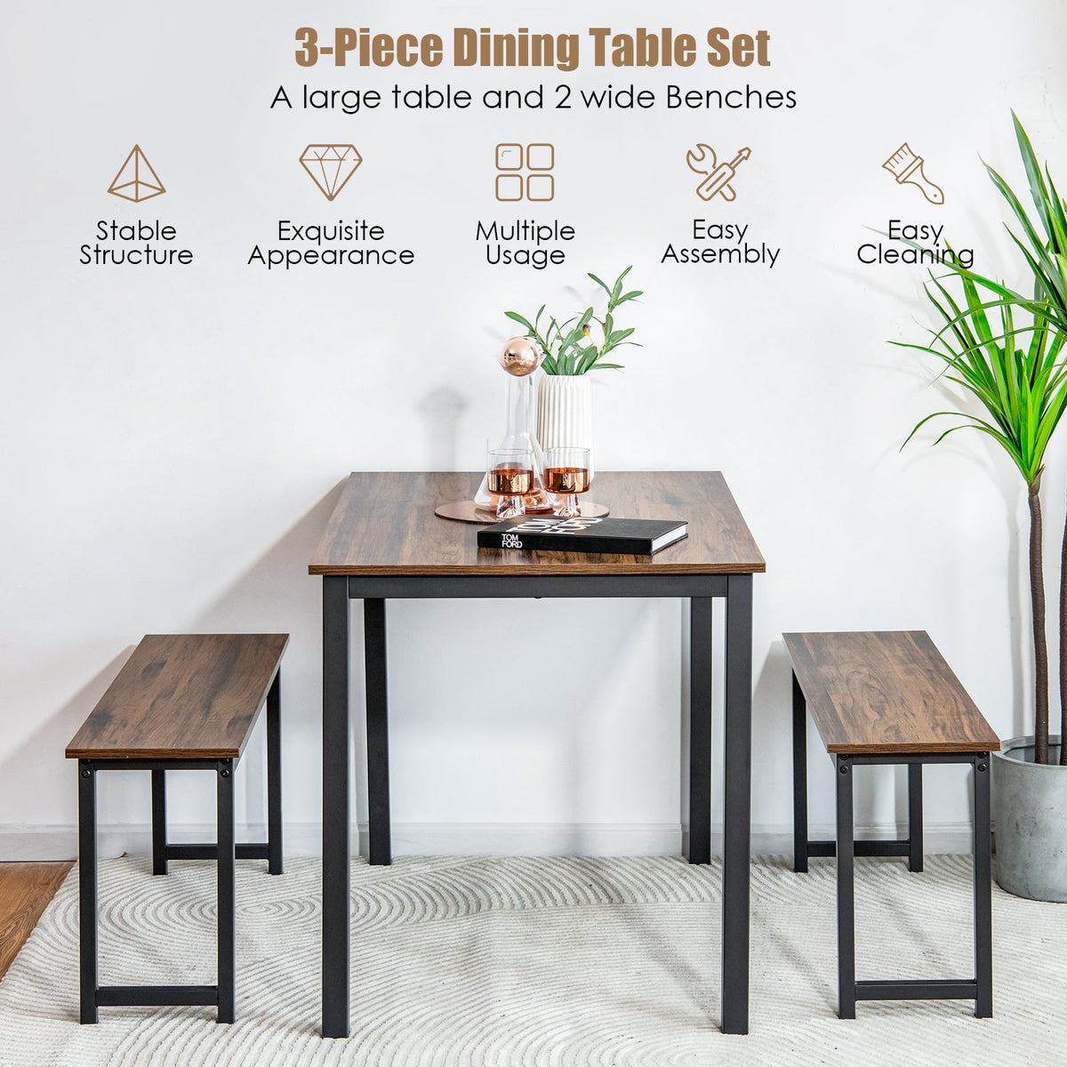 3 Pieces Dining Table Set with 2 Benches