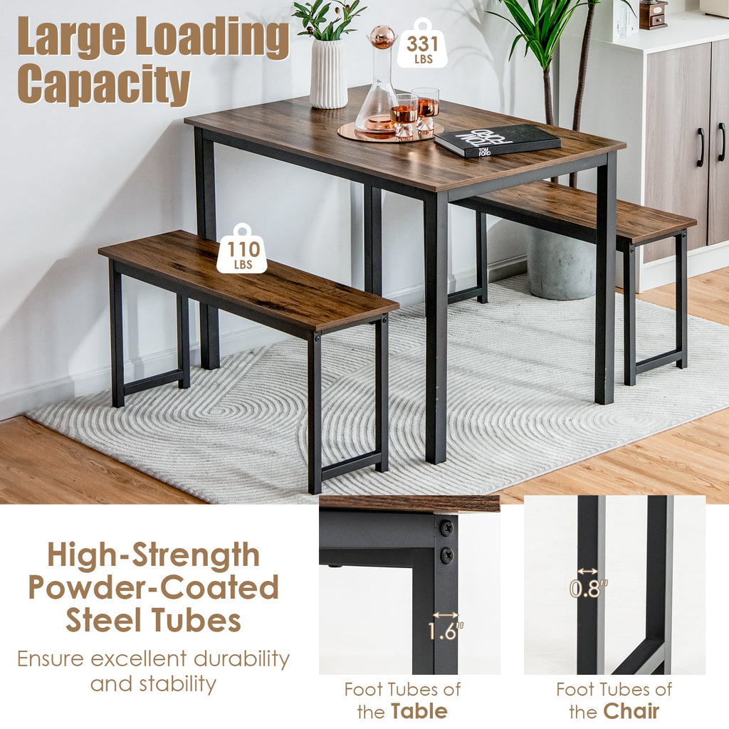 3 Pieces Dining Table Set with 2 Benches