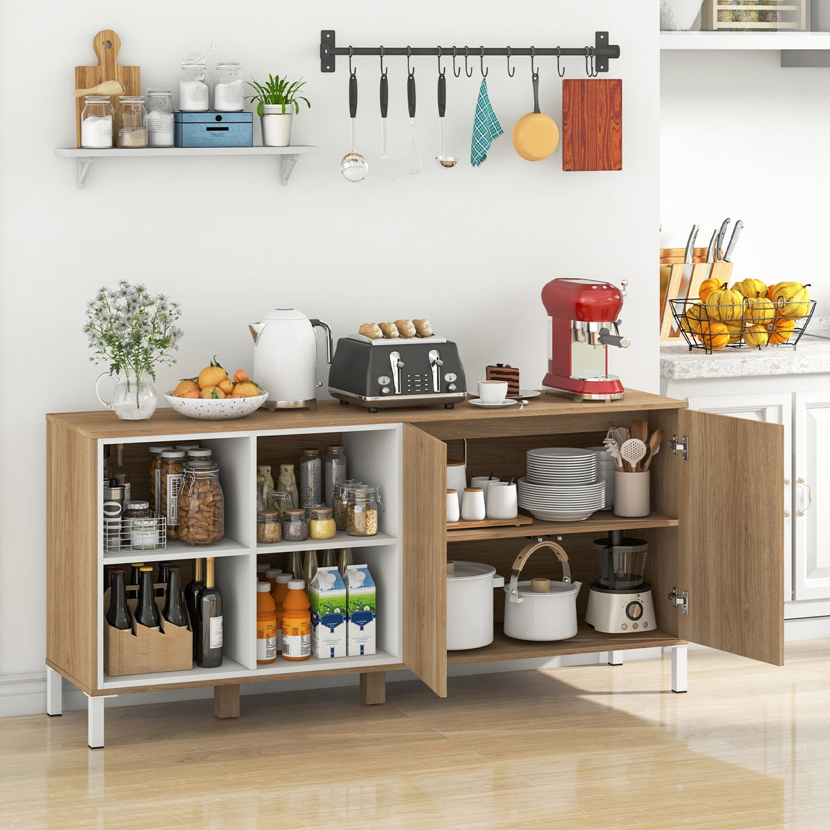 63" Buffet, 4 Compartments and Push-to-Open Cabinet-Natural