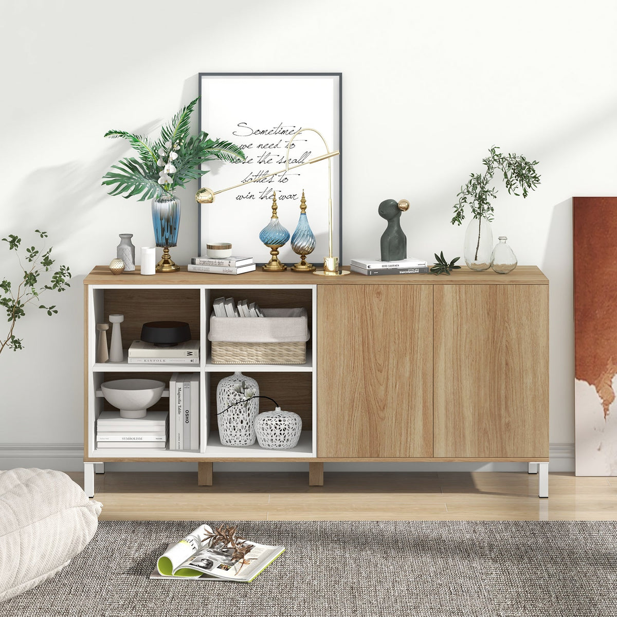 63" Buffet, 4 Compartments and Push-to-Open Cabinet-Natural