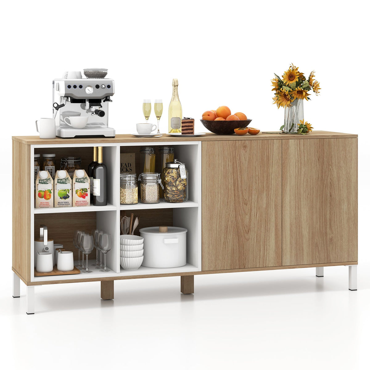 63" Buffet, 4 Compartments and Push-to-Open Cabinet-Natural