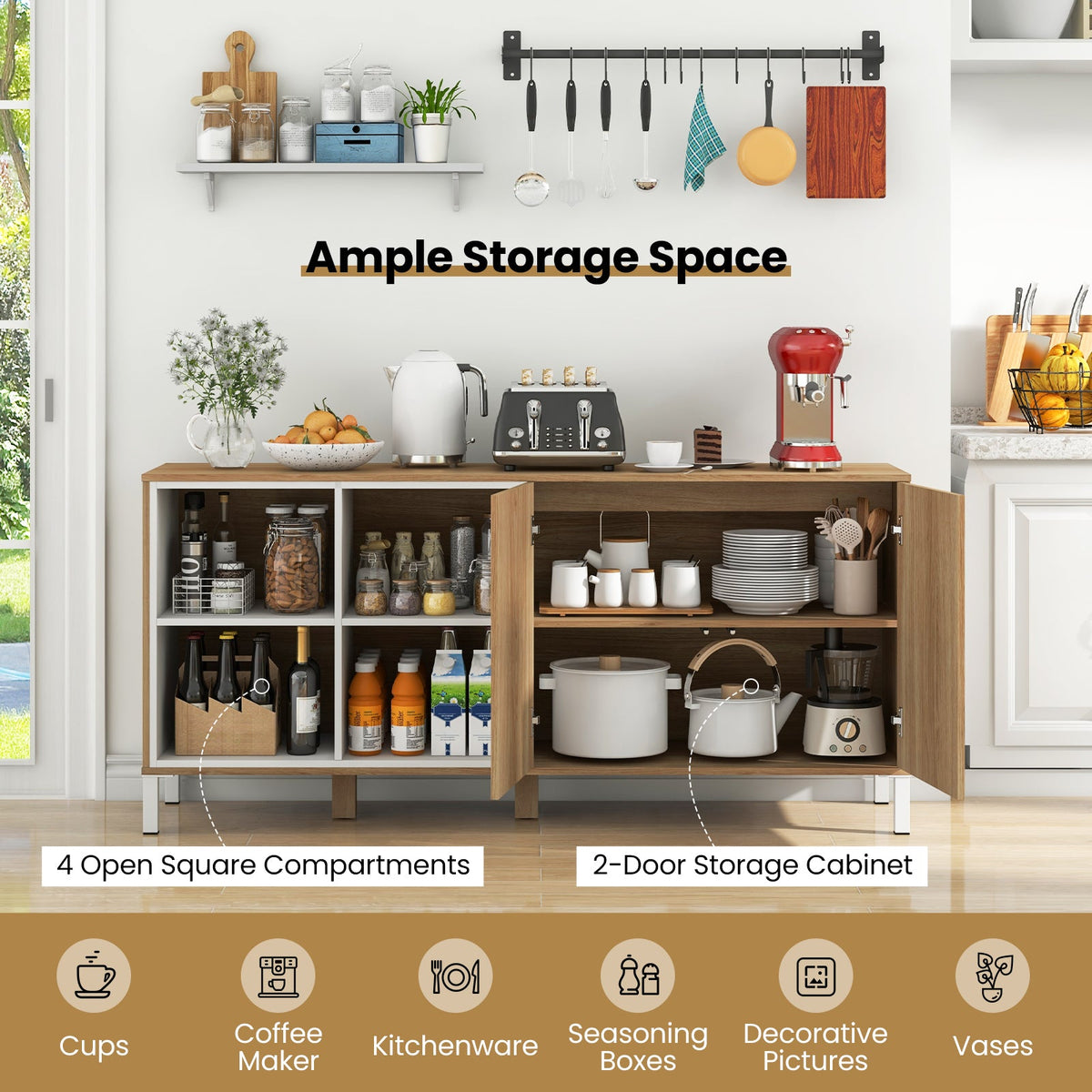 63" Buffet, 4 Compartments and Push-to-Open Cabinet-Natural