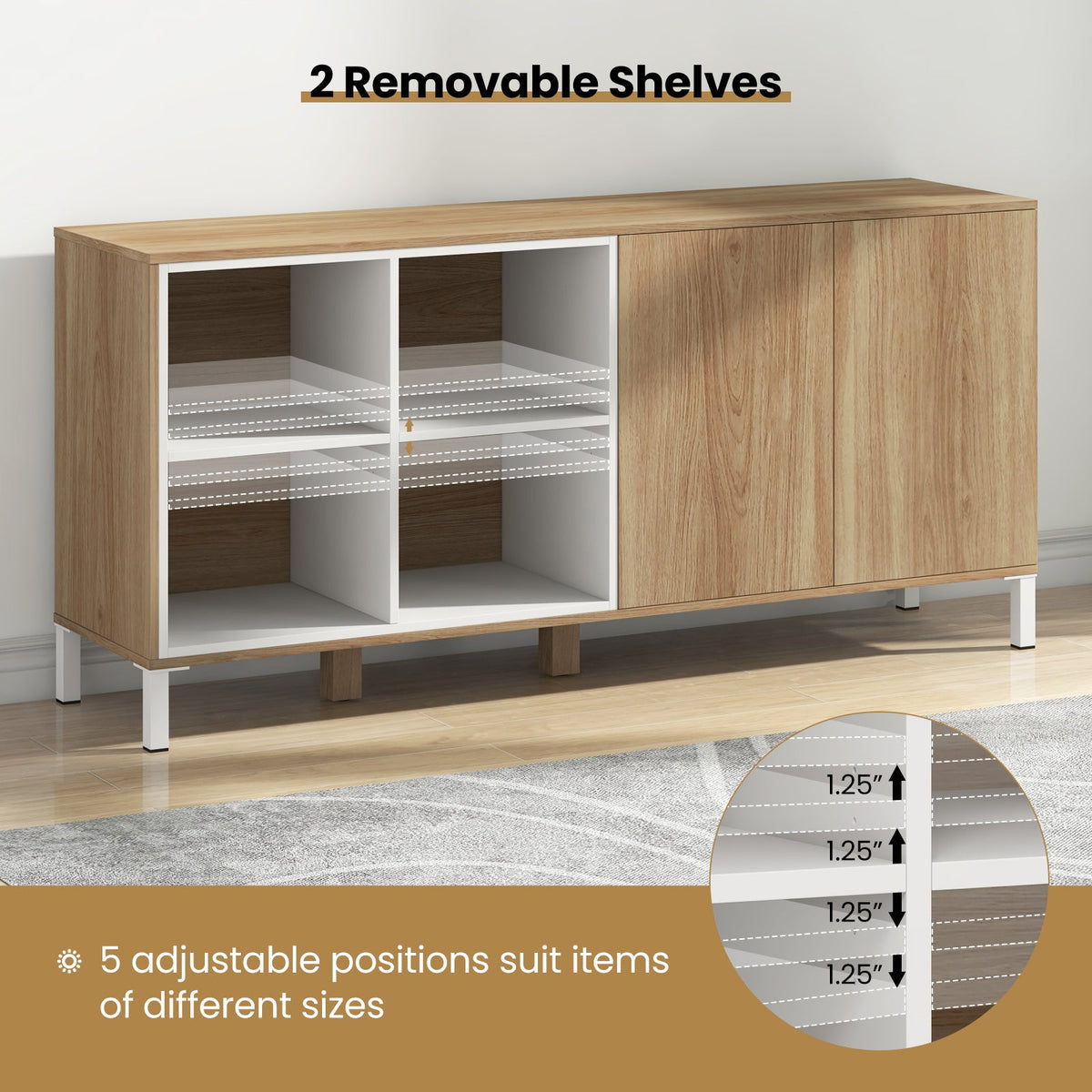 63" Buffet, 4 Compartments and Push-to-Open Cabinet-Natural