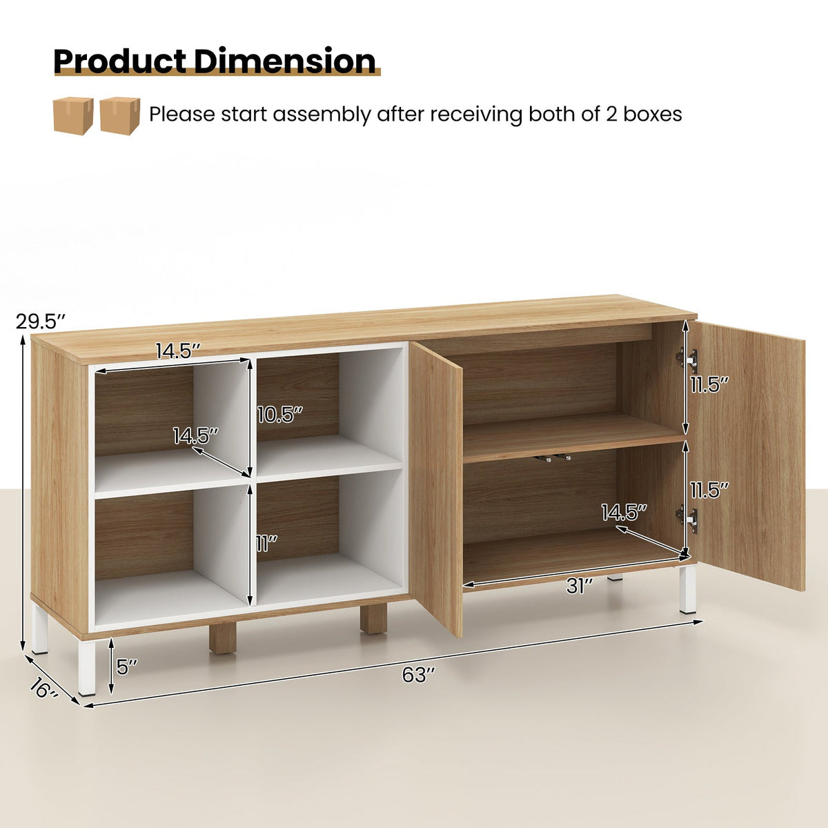 63" Buffet, 4 Compartments and Push-to-Open Cabinet-Natural