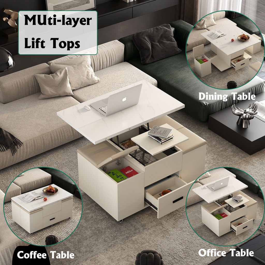 Modern lift coffee table, living room with 4 chairs, expandable, 1 hidden storage space