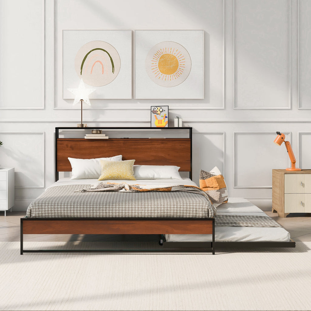 Queen Size Metal Platform Bed Frame with Trundle, USB Ports and Slat Support