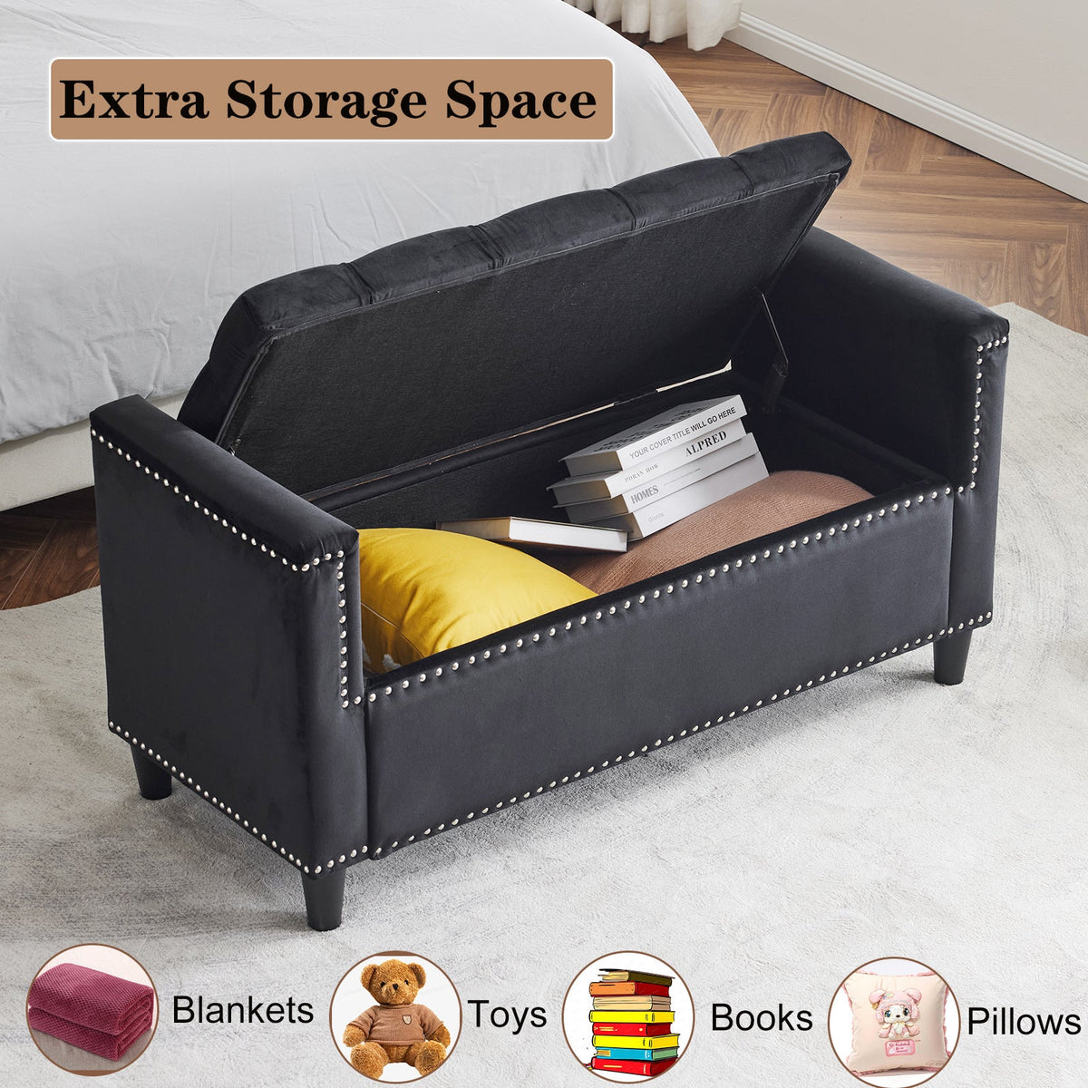 Storage Bench, 44.5-Inch Queen Velvet Button Bedside Bench