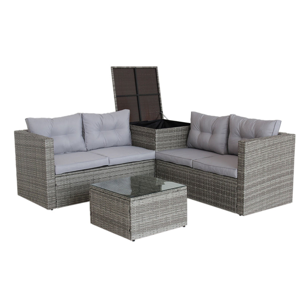 4 Piece Patio Sectional Wicker Rattan Sofa Set with Storage Box Grey