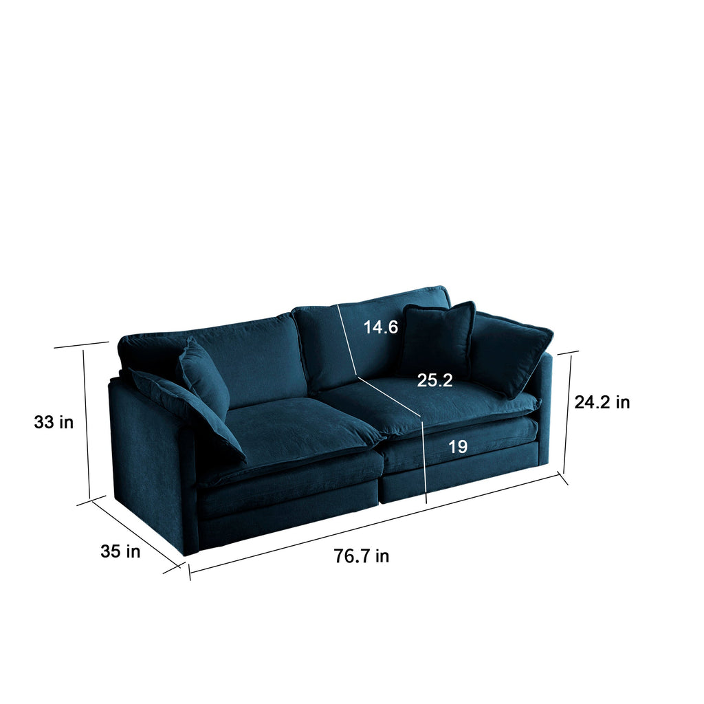 Modern Fabric Loveseat, Large Size Deep 2-Seat Sofa with 4 Pillows ,Blue Chenille