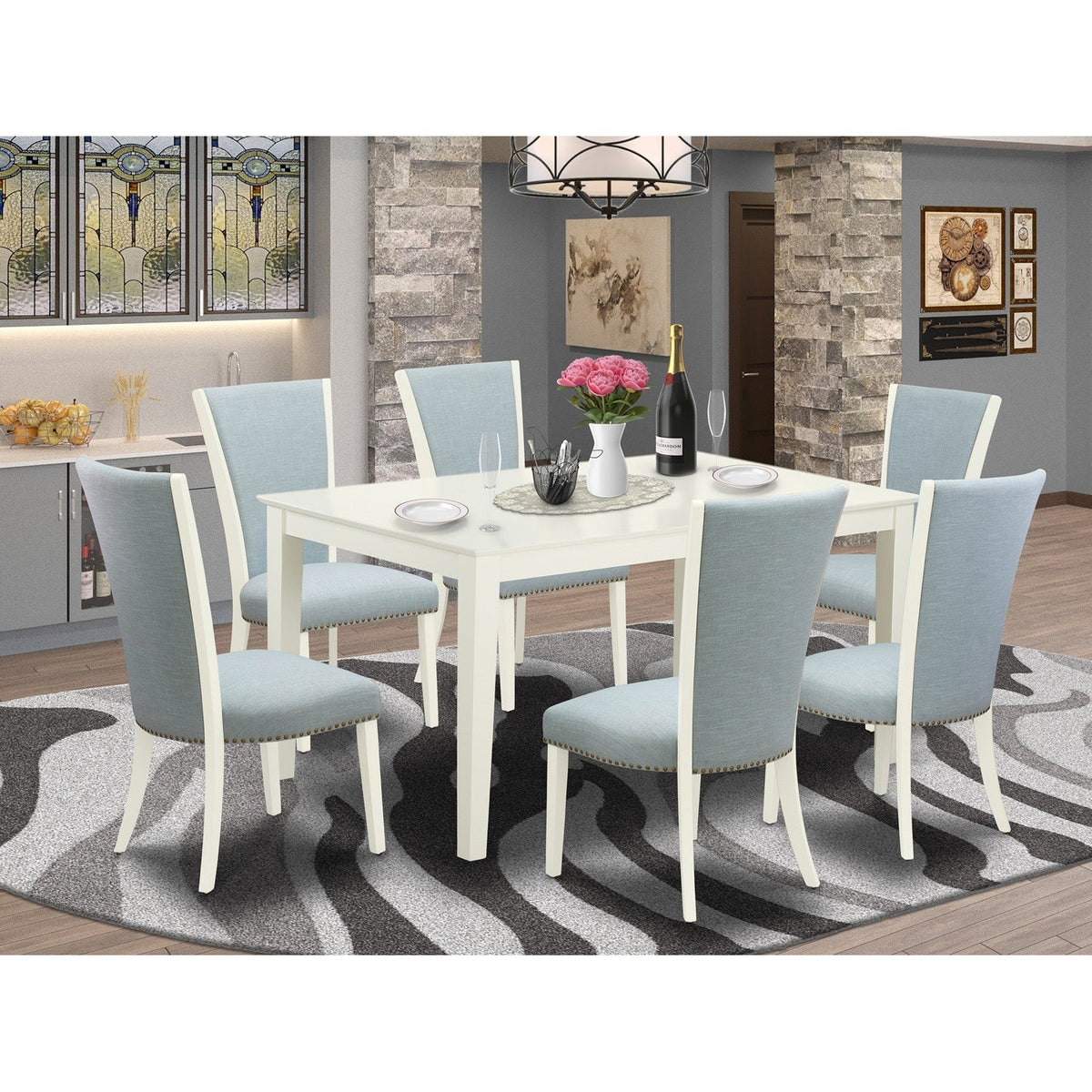 7 Piece Kitchen Set - 6 Linen Chairs 1 Kitchen Dining Table