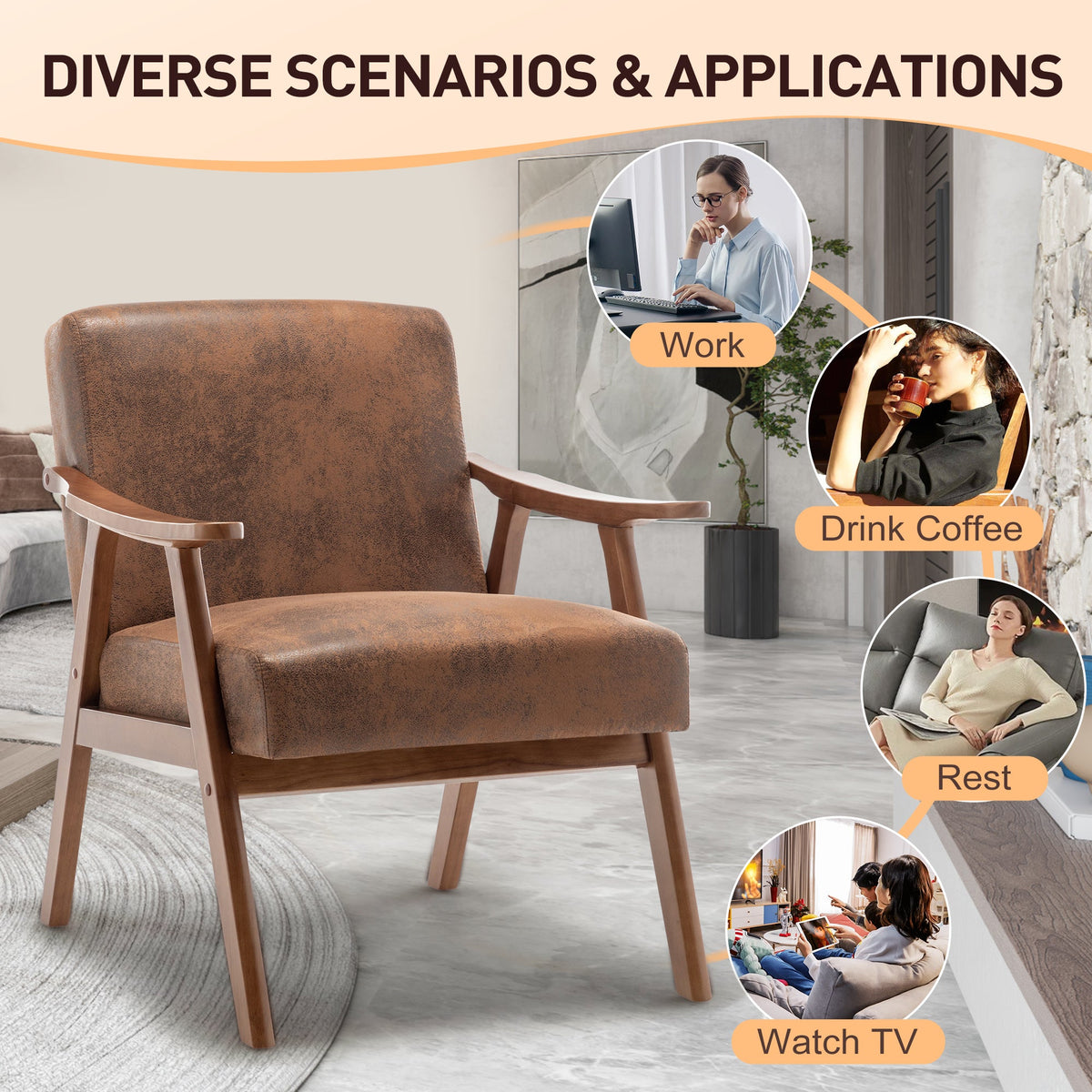 Medieval modern chair, solid wood frame accent chair with ultra thick backrest