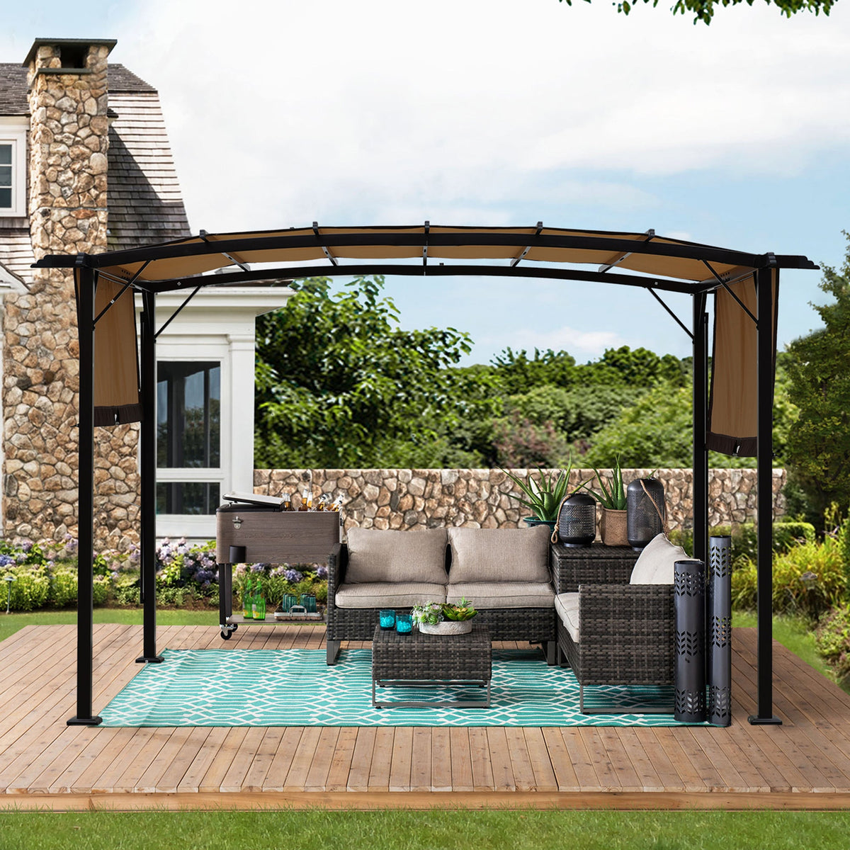 12 x 9 Ft Outdoor Pergola Patio Gazebo, Retractable Shade Canopy, Steel Frame