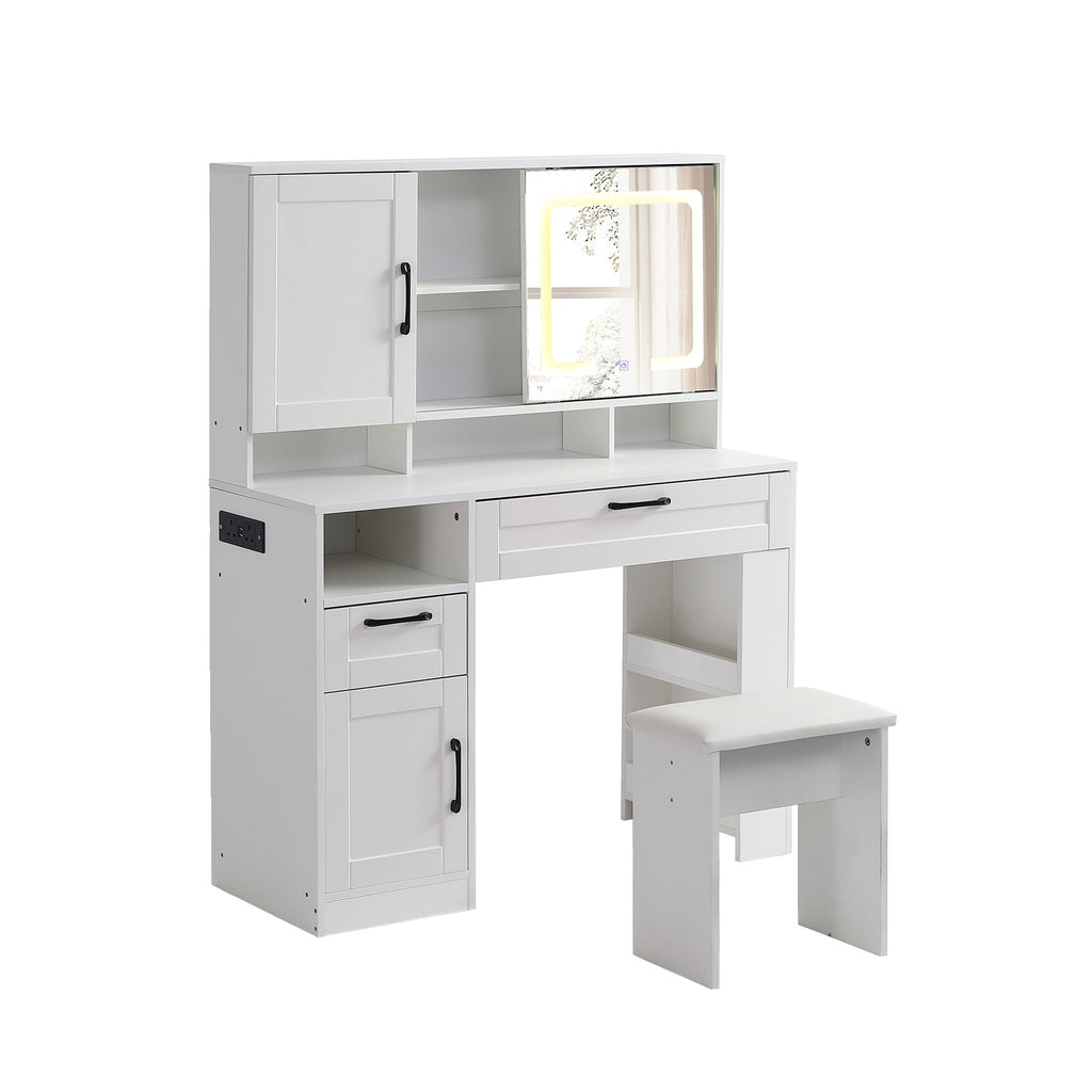 Vanity table with large sliding lighted mirror dressing table with 2 drawers storage shelves