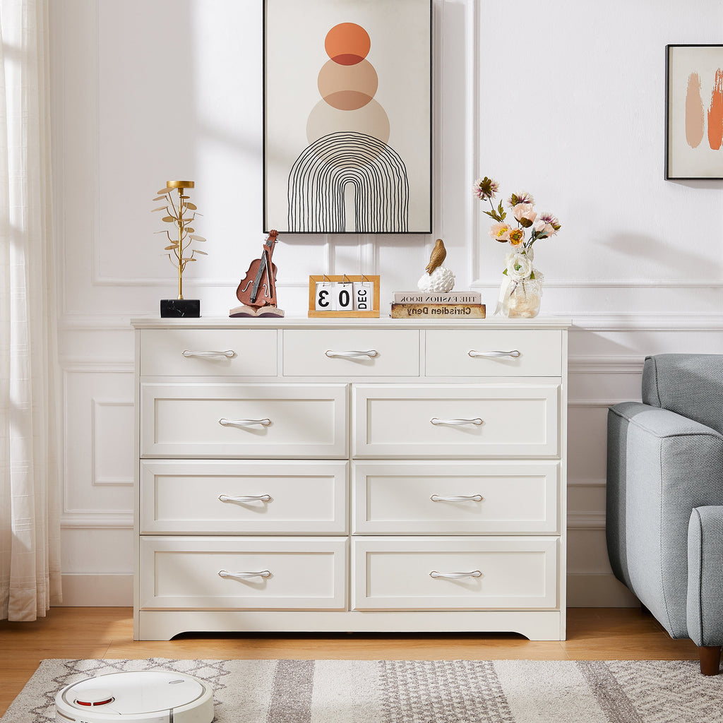 Bedroom dresser 9 drawer long dresser with antique handles wood chest of drawers