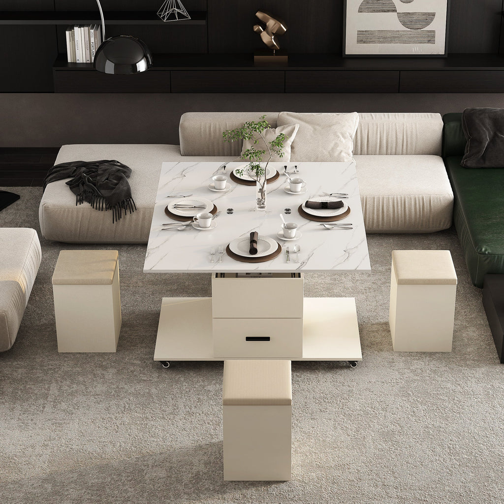Modern lift coffee table, living room with 4 chairs, expandable, 1 hidden storage space