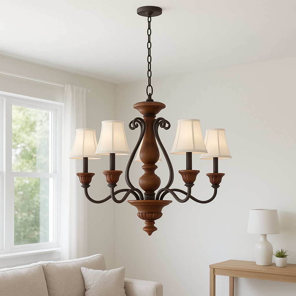 5-Light Elegant White Fabric Shade Antiqued Gold Chandelier