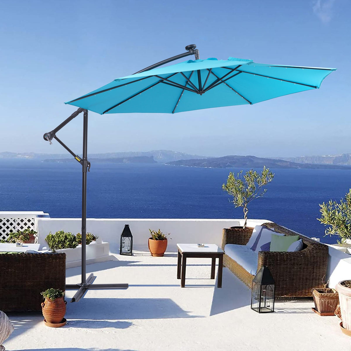 10 FT Solar LED Patio Outdoor Umbrella Hanging Cantilever Umbrella Offset Umbrella