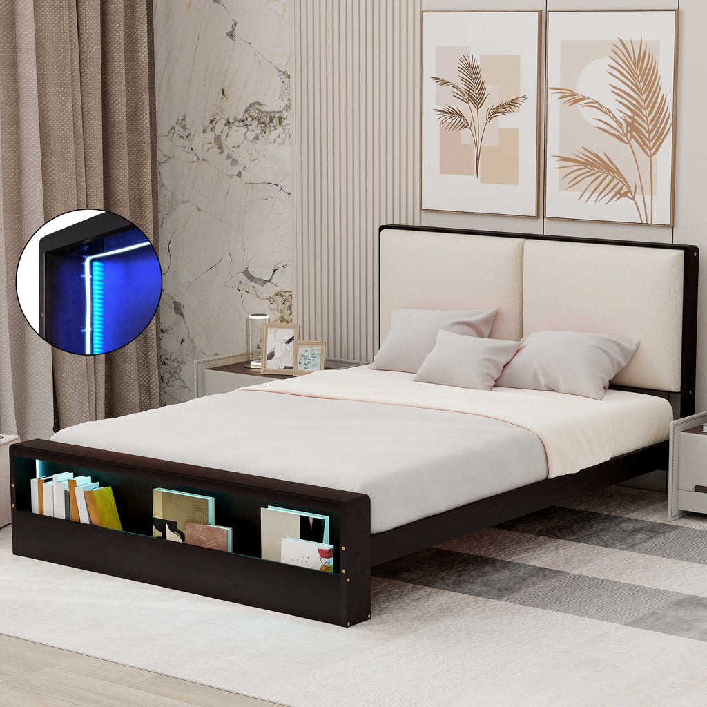 Queen Size Platform Bed Frame with Upholstery Headboard and Bookshelf