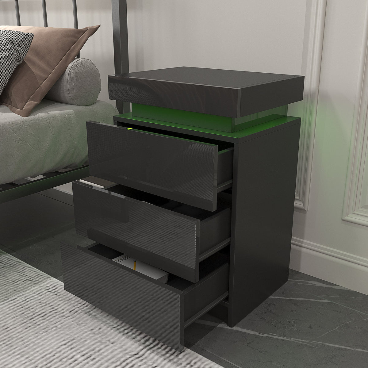 LED Black Nightstand Modern Multi-Colour LED Night Table Bedside Tables for Bedroom