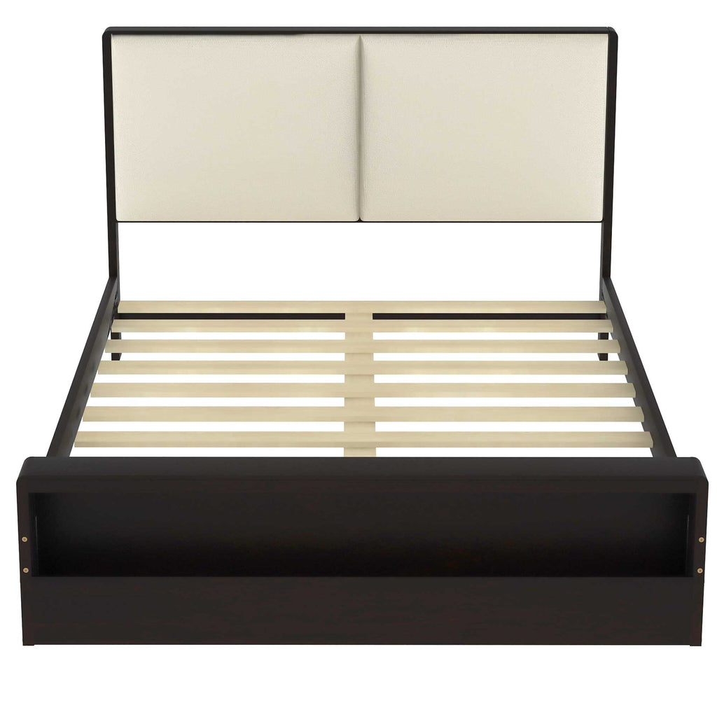 Queen Size Platform Bed Frame with Upholstery Headboard and Bookshelf