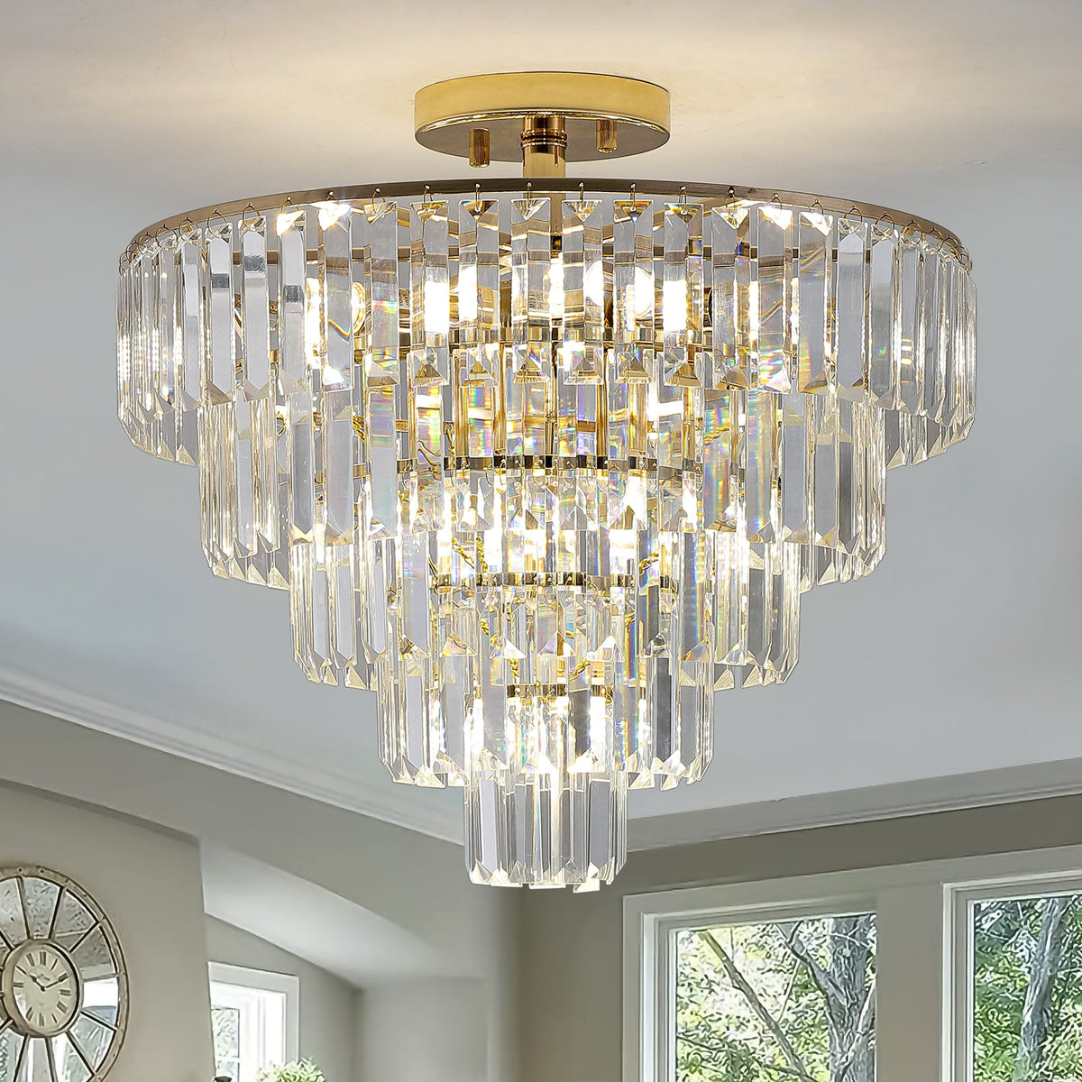 Gold Crystal Chandeliers,5-Tier Round Semi Flush Mount Chandelier