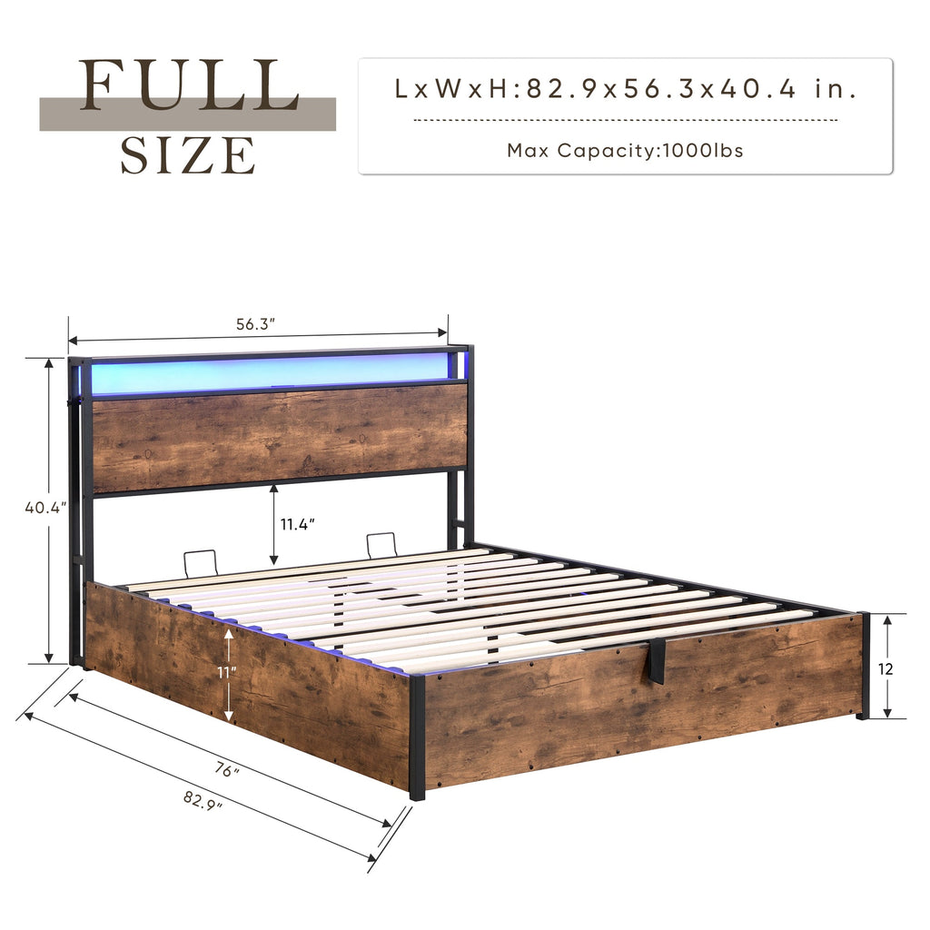 Elevating storage bed frame, full-size bed frame with bookshelf headboard and LED lights