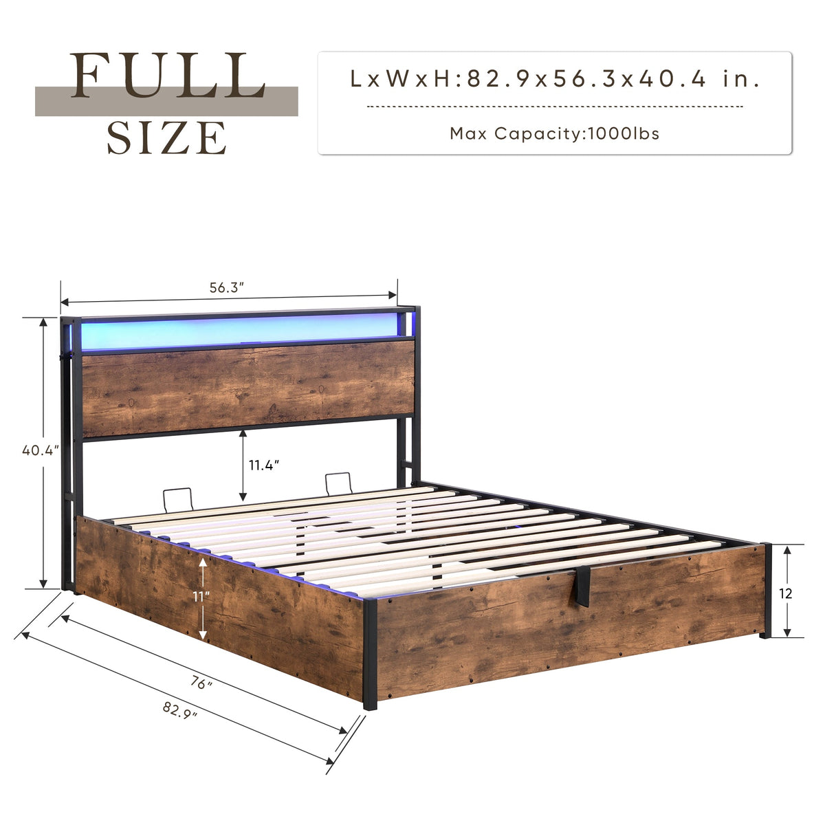 Elevating storage bed frame, full-size bed frame with bookshelf headboard and LED lights