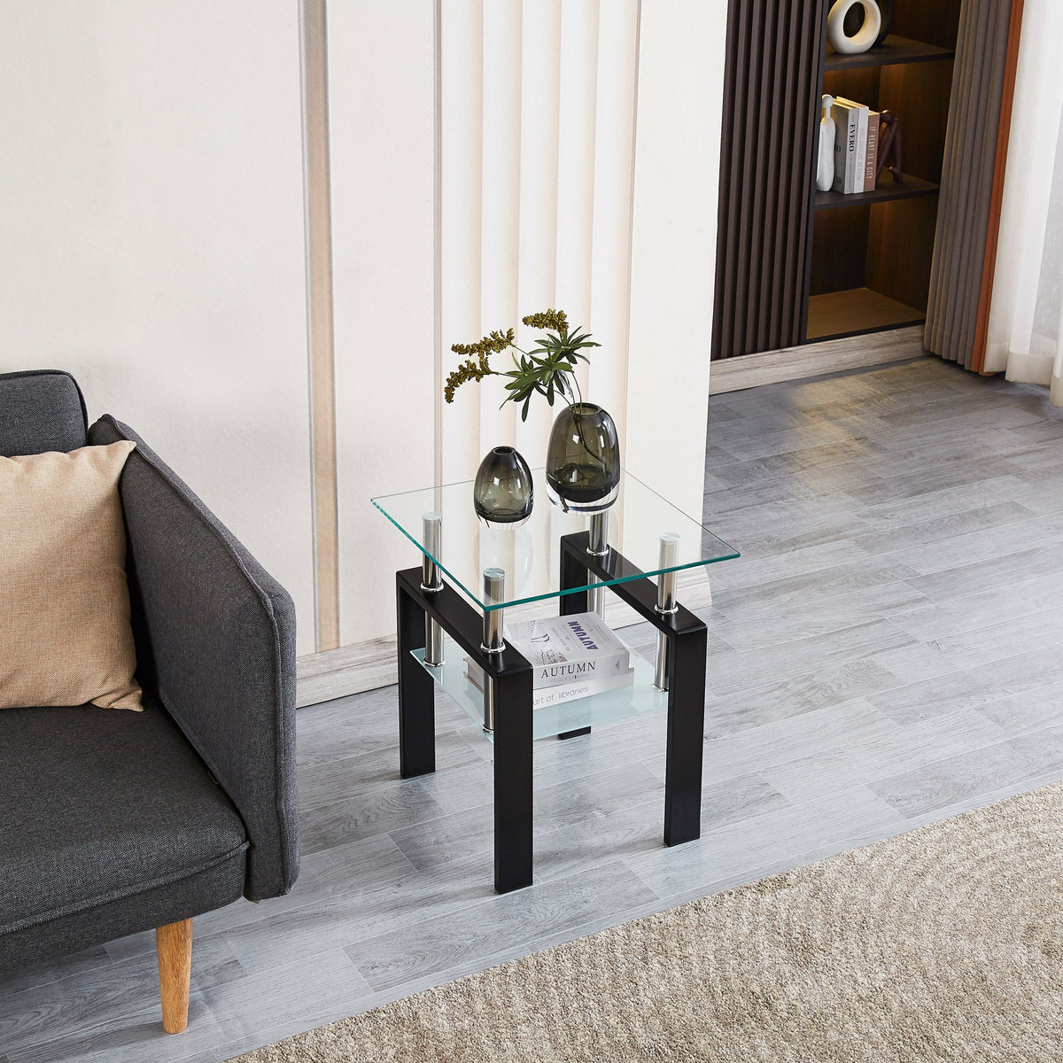 Tempered Transparent Glass End Table 2-Layers with Storage
