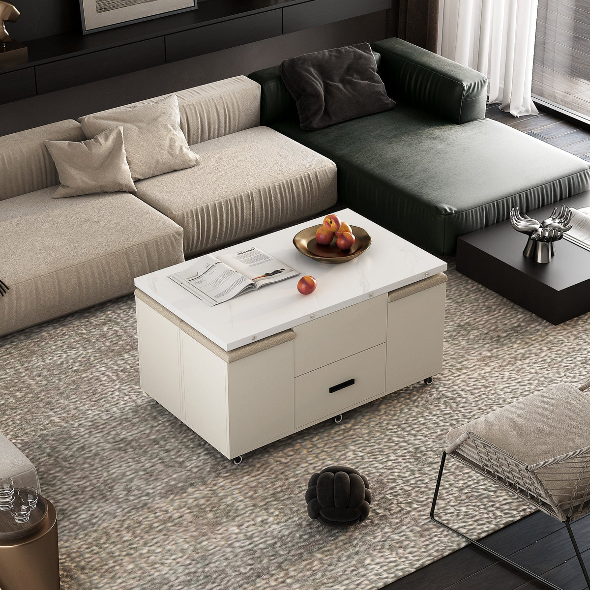 Modern lift coffee table, living room with 4 chairs, expandable, 1 hidden storage space