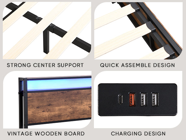 Elevating storage bed frame, full-size bed frame with bookshelf headboard and LED lights