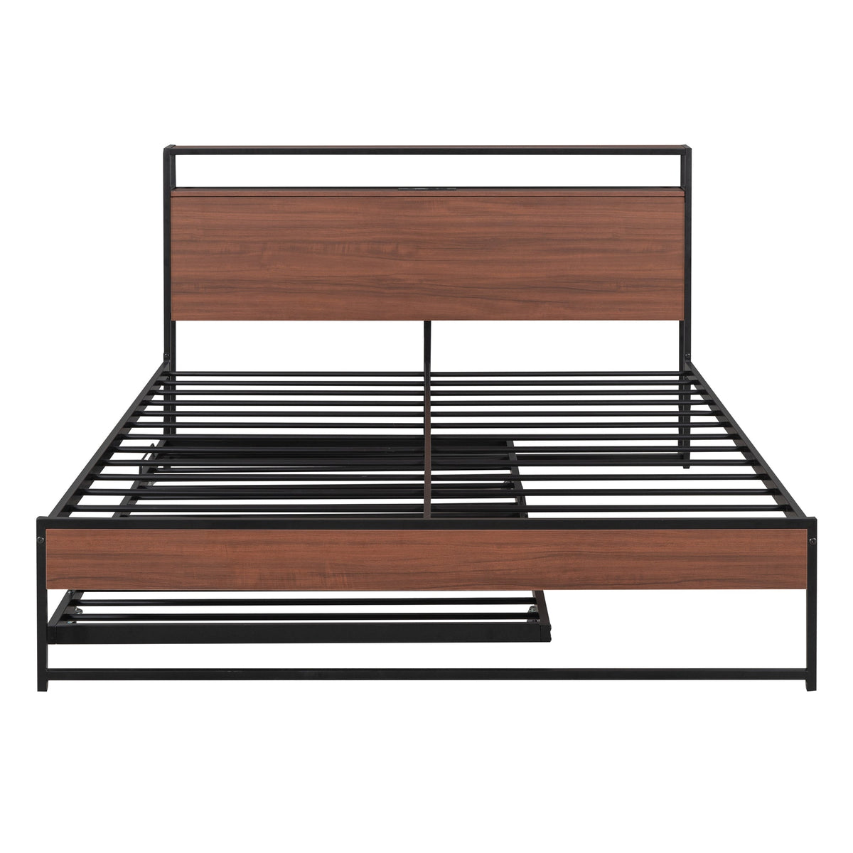 Queen Size Metal Platform Bed Frame with Trundle, USB Ports and Slat Support