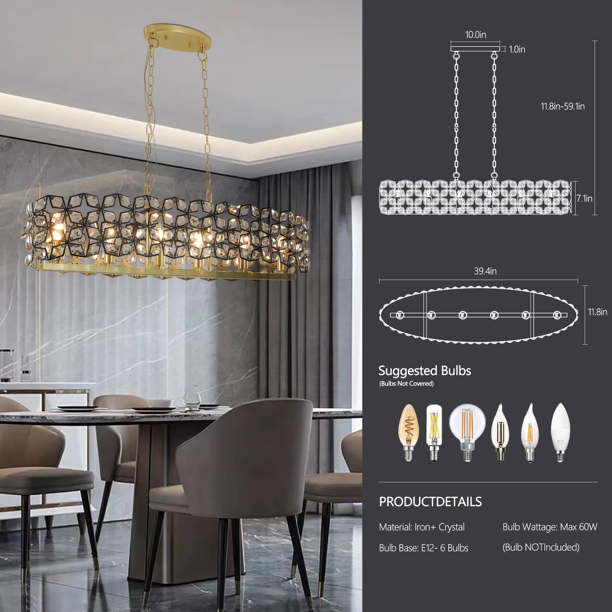 Modern Champagne Gold Oval Crystal ceiling chandelier