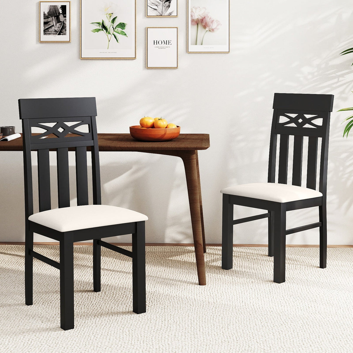 Set of 2 High Back Dining Room Chairs with Padded Seat and Rubber Wood Frame-Black