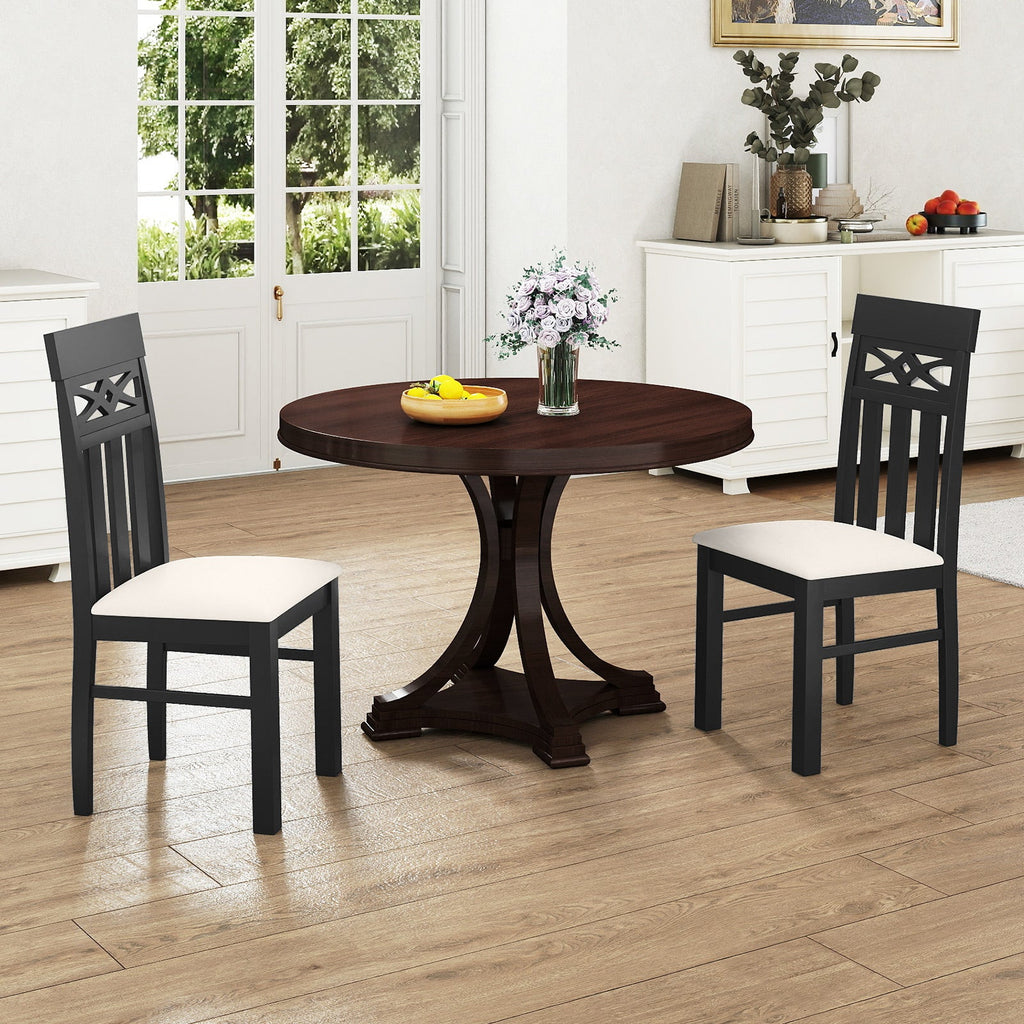Set of 2 High Back Dining Room Chairs with Padded Seat and Rubber Wood Frame-Black