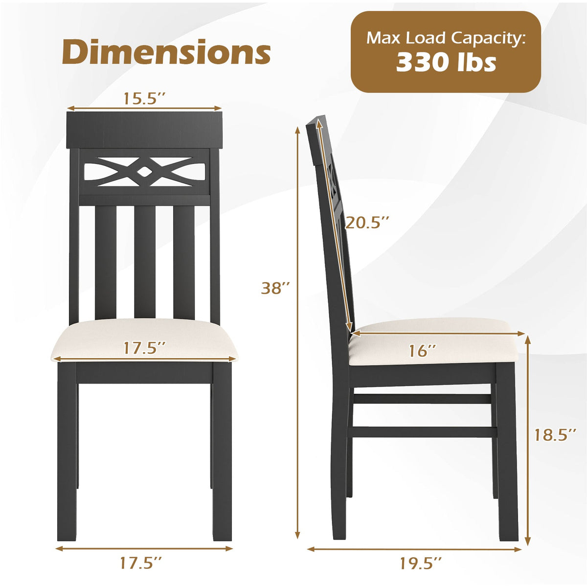 Set of 2 High Back Dining Room Chairs with Padded Seat and Rubber Wood Frame-Black